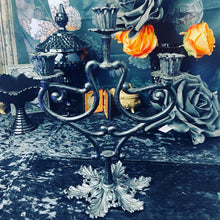 Load image into Gallery viewer, Vintage Black Metal Filigree Candelabra
