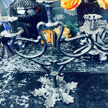 Load image into Gallery viewer, Vintage Black Metal Filigree Candelabra
