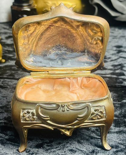 Antique Art Nouveau Filigree Dark Brass Casket Box Lined