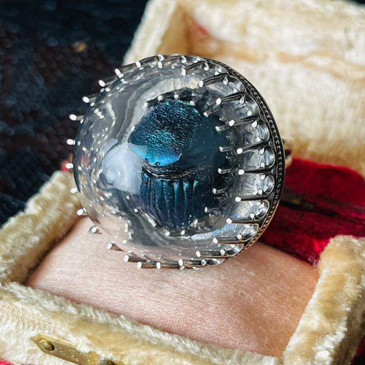 Victorian Thistle Blue Green Scarab Beetle Sterling Ring