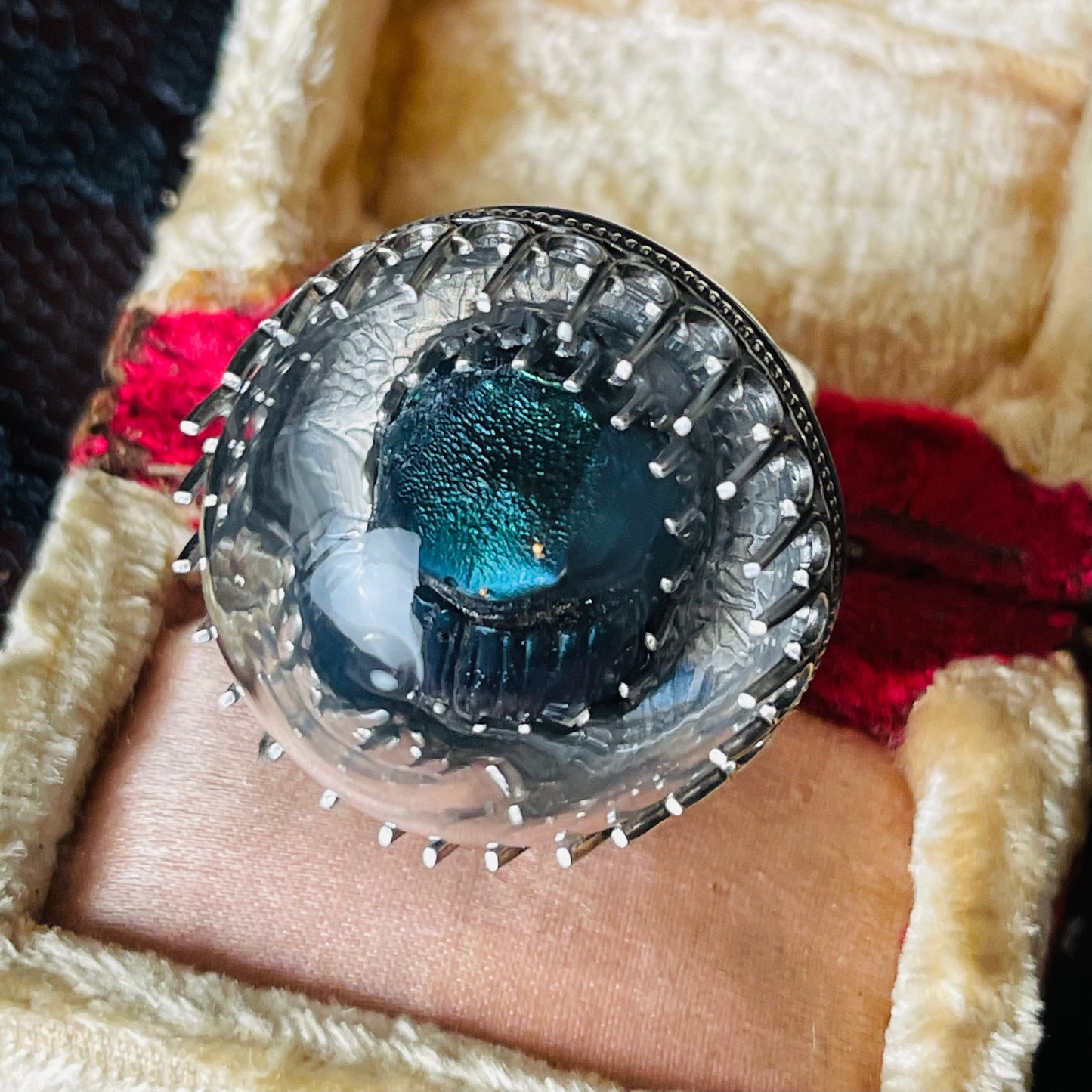 Victorian Thistle Blue Green Scarab Beetle Sterling Ring