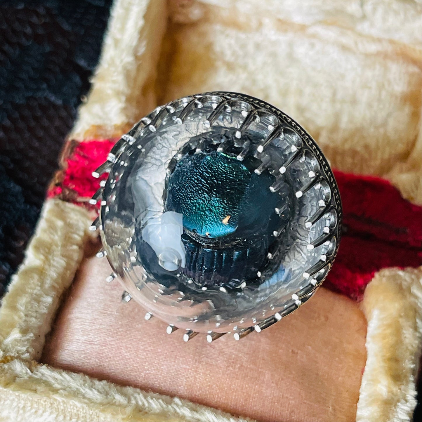 Victorian Thistle Blue Green Scarab Beetle Sterling Ring