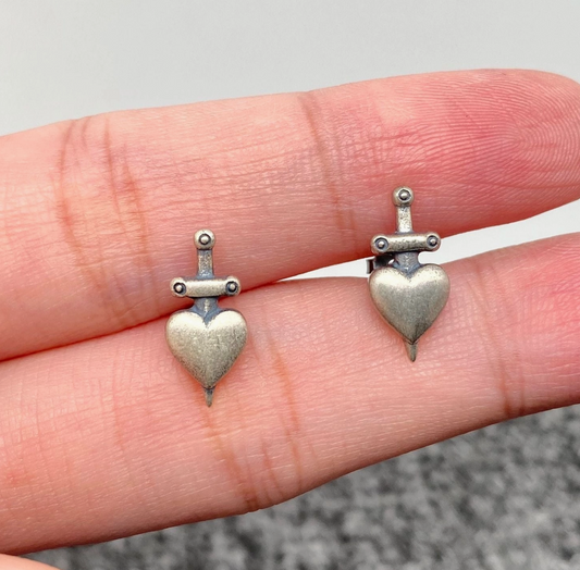 Sterling Silver Sword Piercing Through Heart Earrings