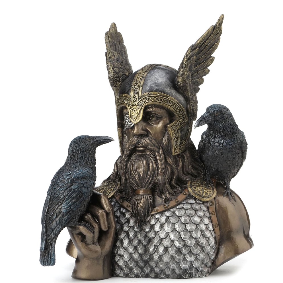 Odin Bust With Ravens Statue Silver