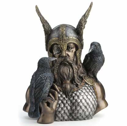 Odin Bust With Ravens Statue Silver