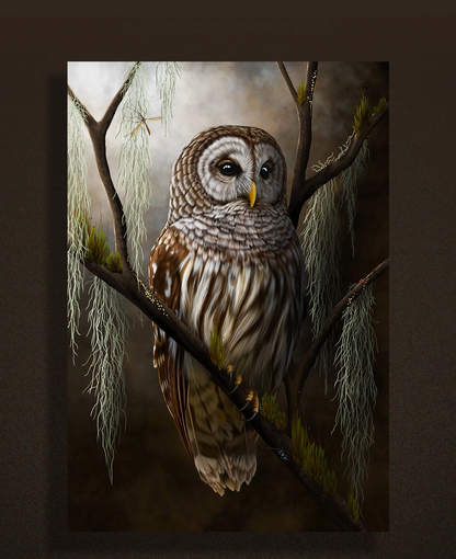 Bird Hag { Barred Owl & Moss } Fine Art Print Framed 9" x 13"