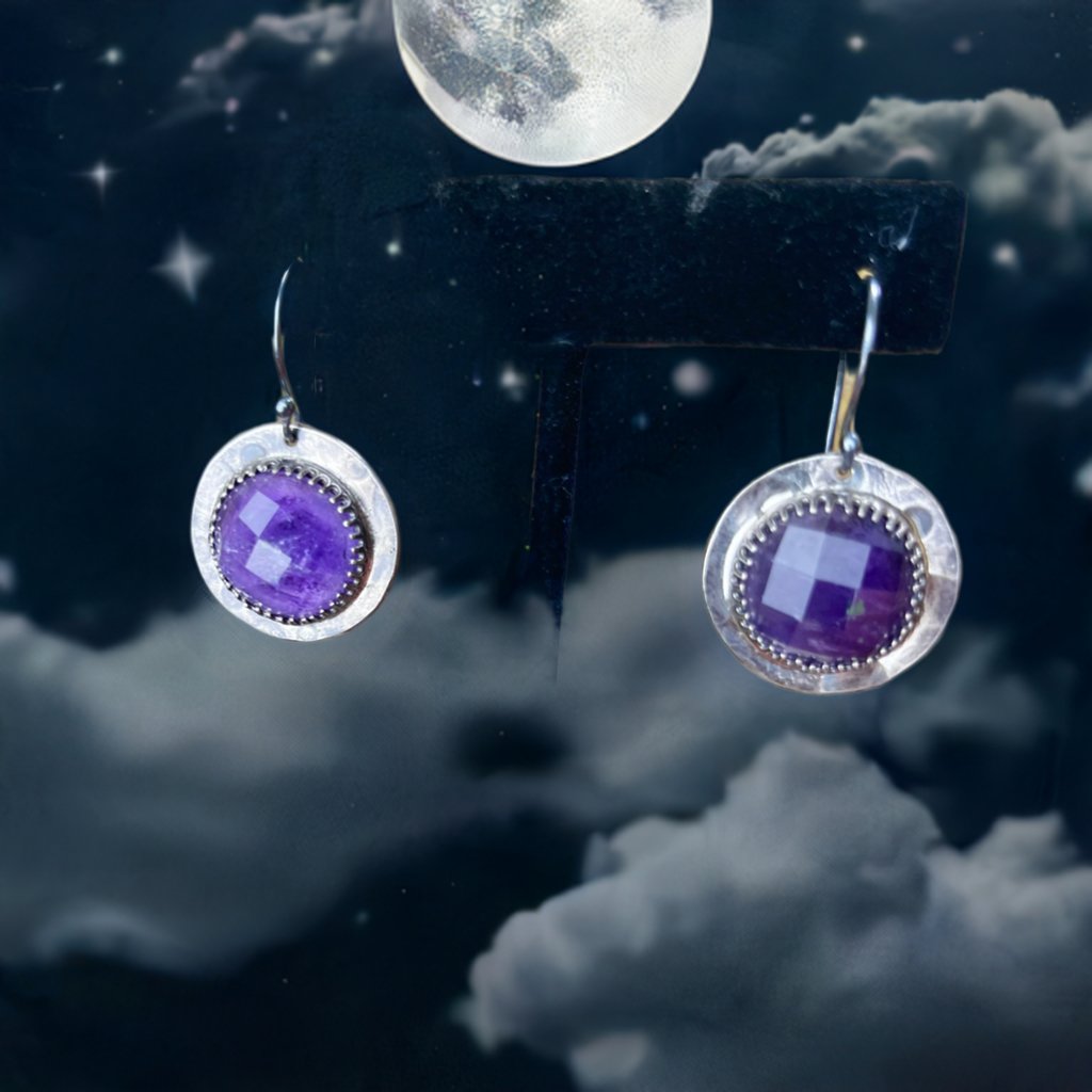 Amethyst Faceted Full Moon Sterling Amulet Earrings - Loved To Death