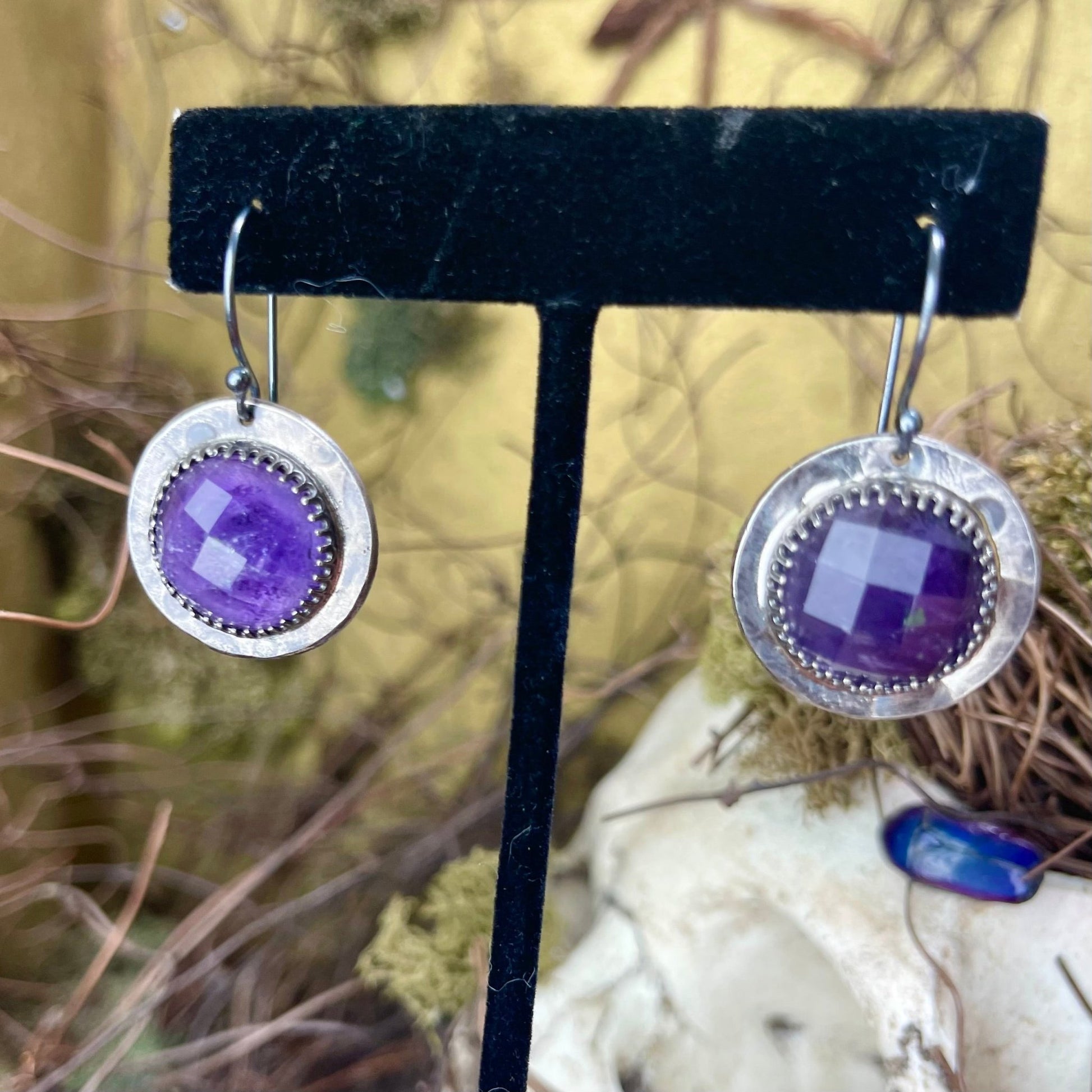 Amethyst Faceted Full Moon Sterling Amulet Earrings - Loved To Death