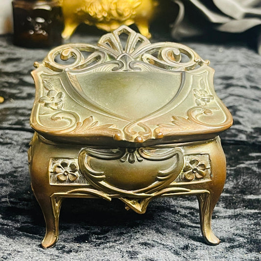 Antique Art Nouveau Filigree Dark Brass Casket Box Lined - Loved To Death