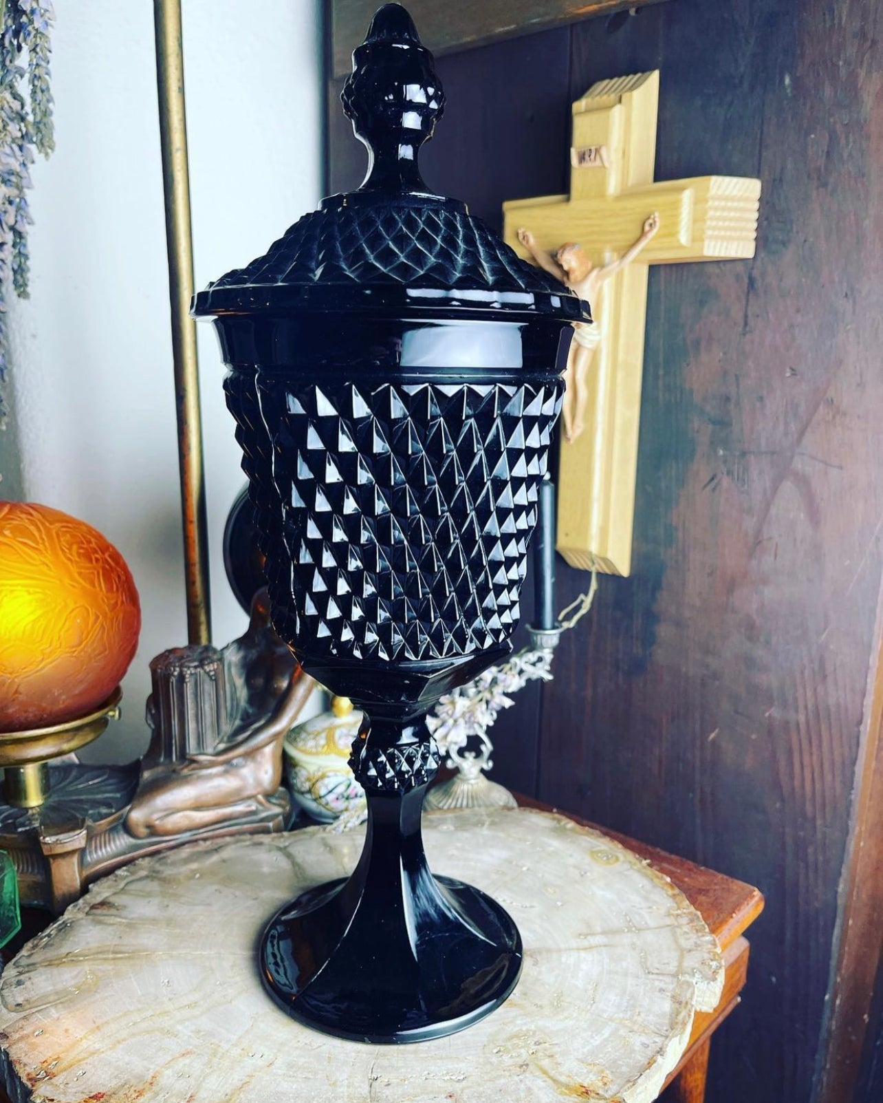 Antique Black Point Glass Pedestal Urn Candy Vessel - Loved To Death