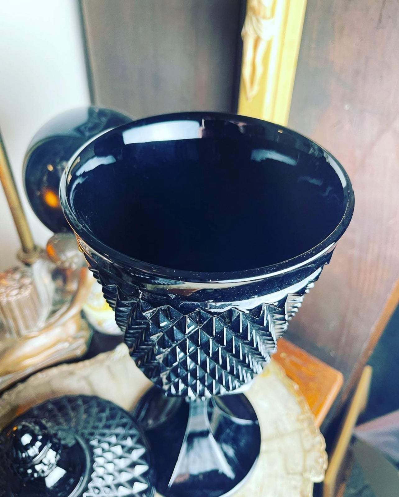 Antique Black Point Glass Pedestal Urn Candy Vessel - Loved To Death