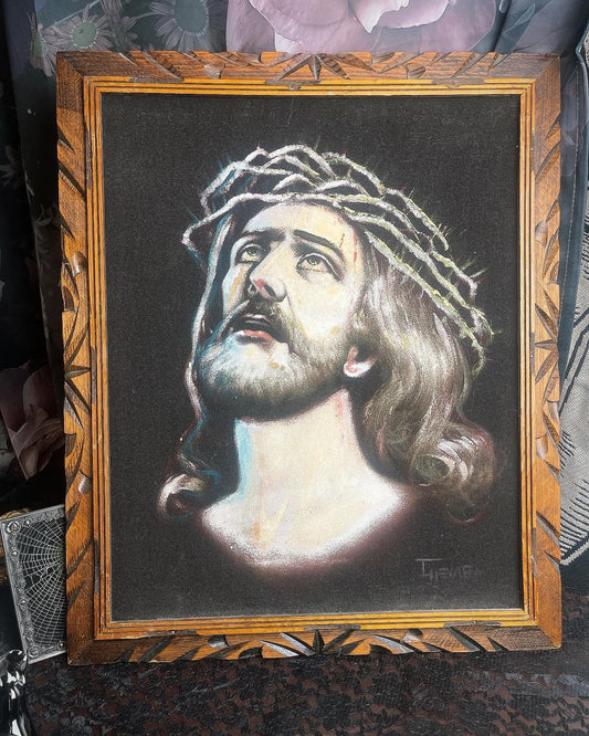 Antique Black Velvet Jesus Painting - Loved To Death