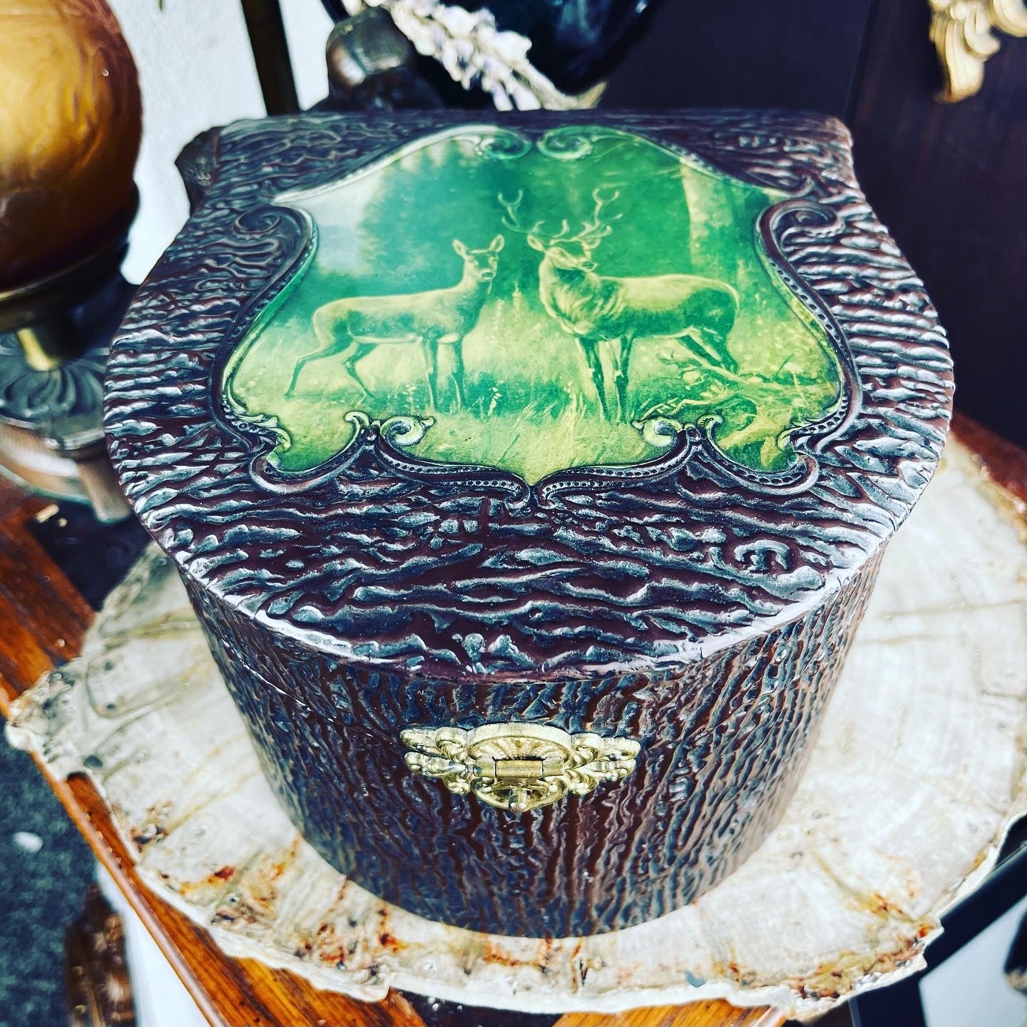 Antique Celluloid Woods & Deer Collar Dresser Box - Loved To Death