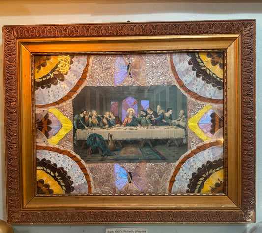 Antique Early 1900’s Last Supper Butterfly Wing Art Carved Wood Frame - Loved To Death