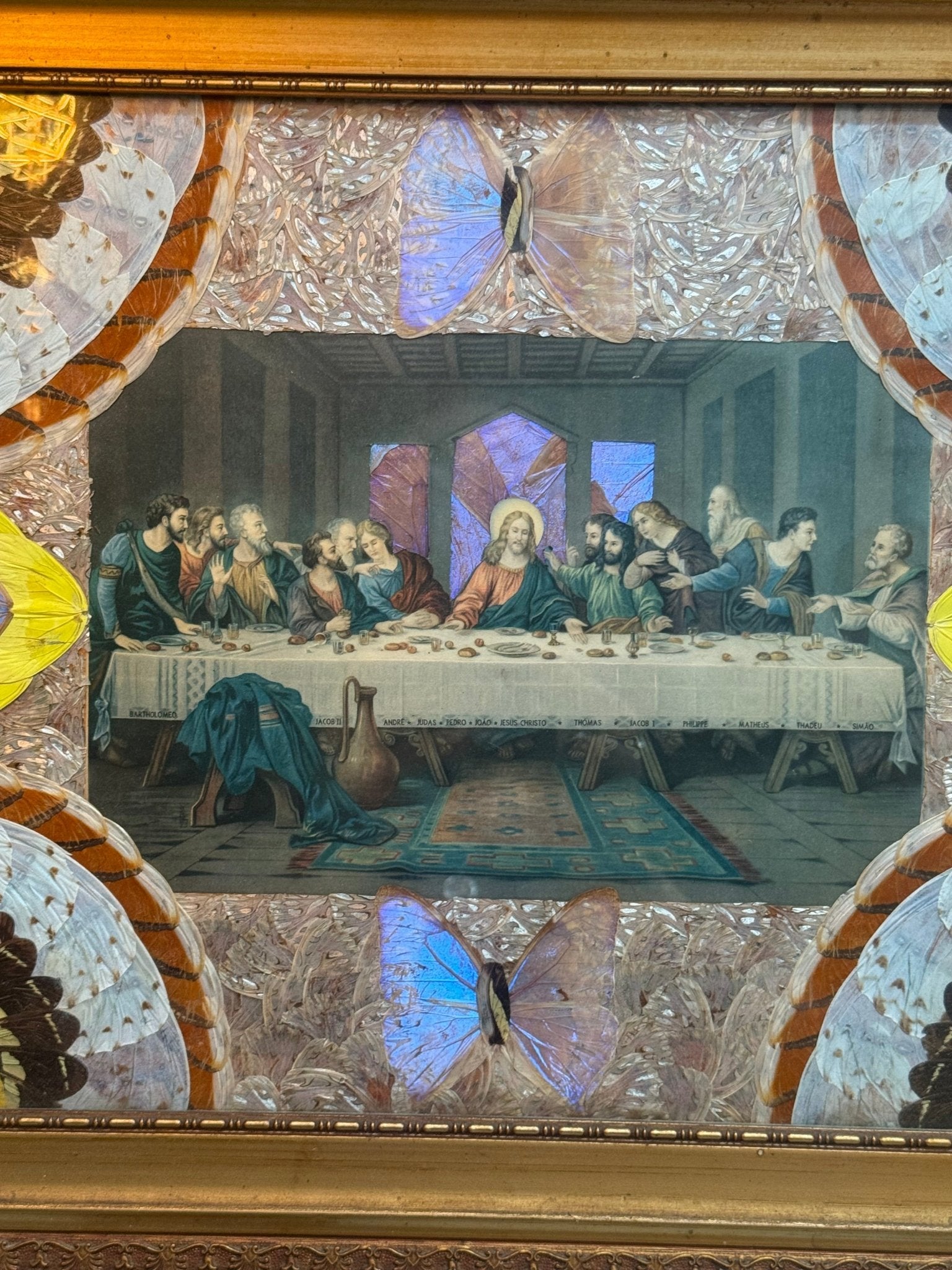 Antique Early 1900’s Last Supper Butterfly Wing Art Carved Wood Frame - Loved To Death