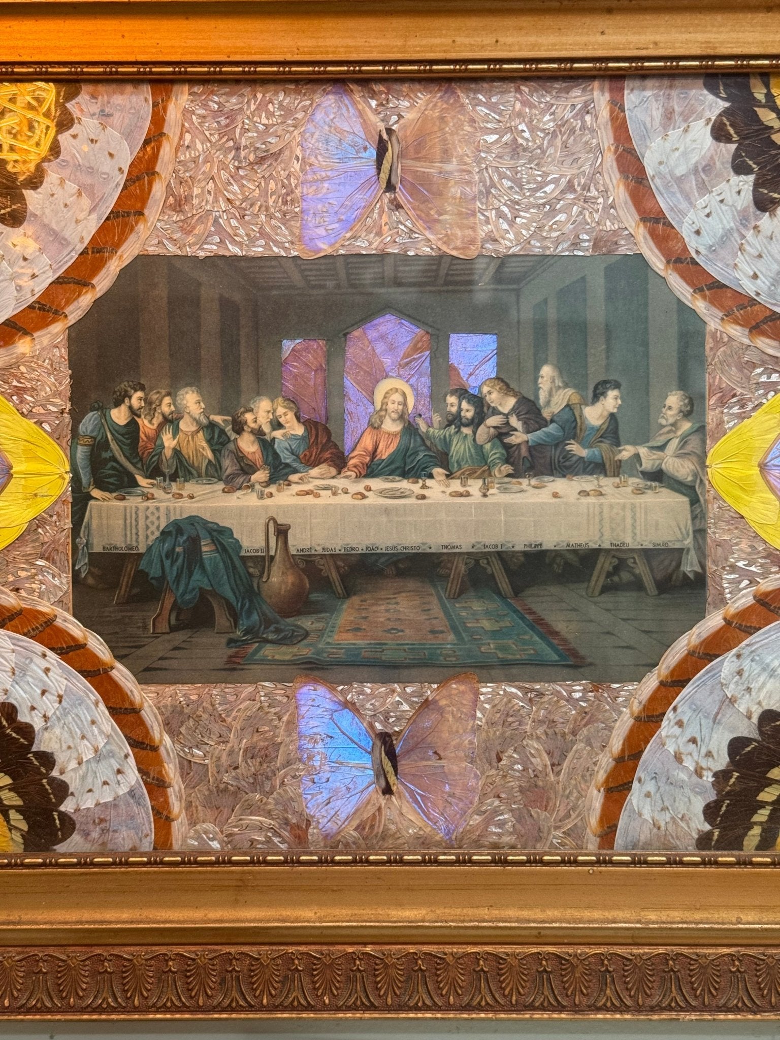 Antique Early 1900’s Last Supper Butterfly Wing Art Carved Wood Frame - Loved To Death