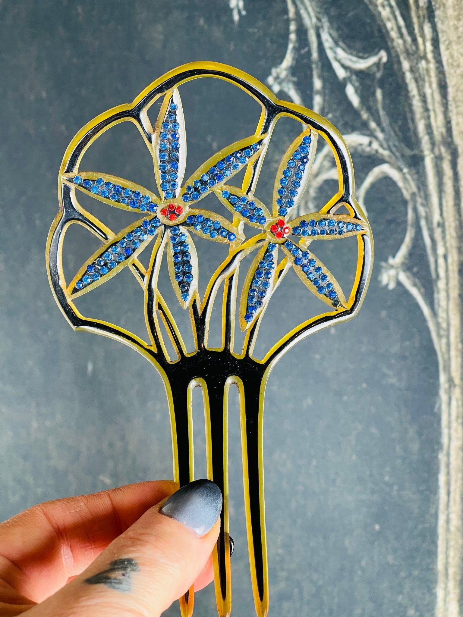 Antique Forget Me Not Celluloid Rhinestone Hair Comb - Loved To Death