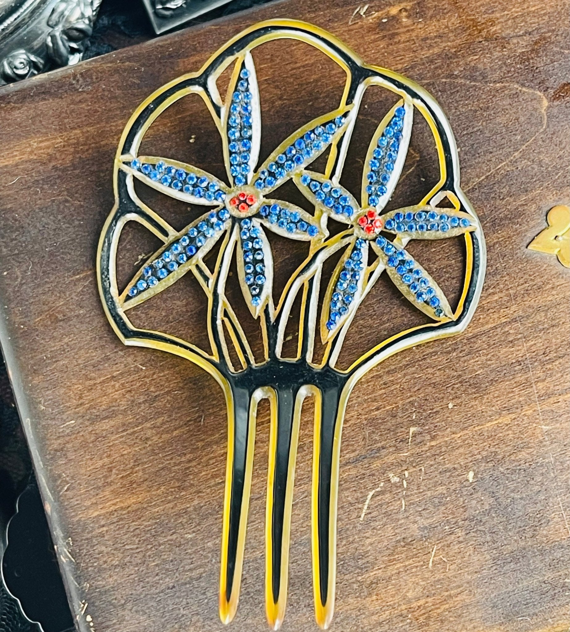 Antique Forget Me Not Celluloid Rhinestone Hair Comb - Loved To Death