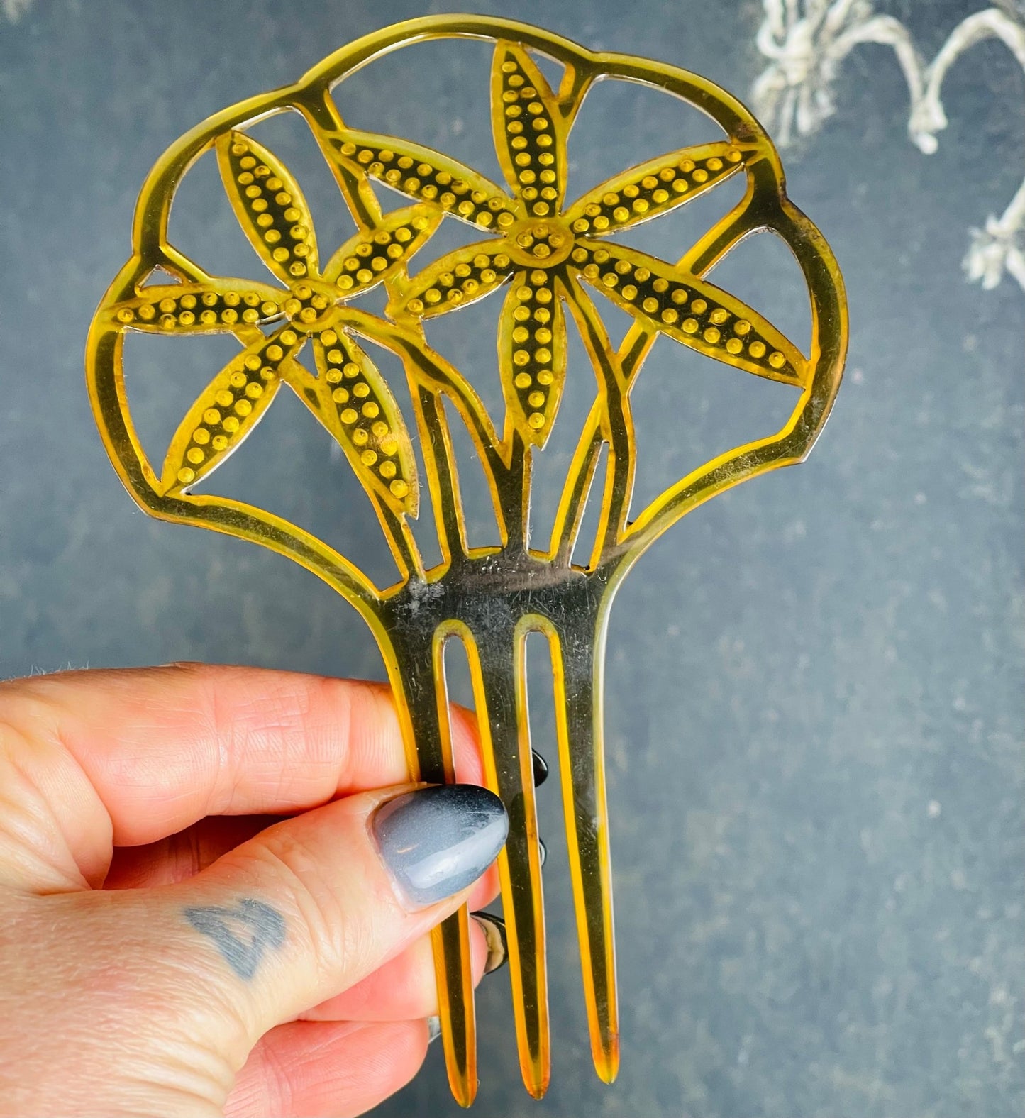 Antique Forget Me Not Celluloid Rhinestone Hair Comb - Loved To Death