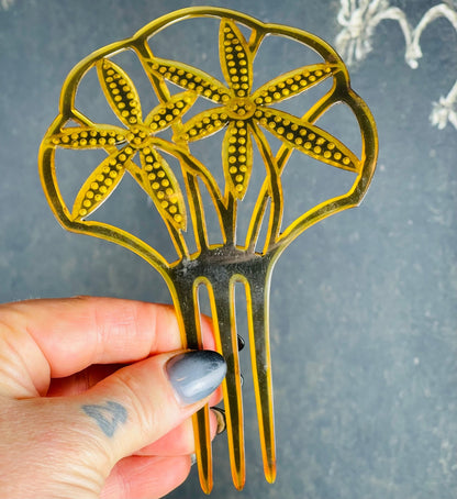 Antique Forget Me Not Celluloid Rhinestone Hair Comb - Loved To Death