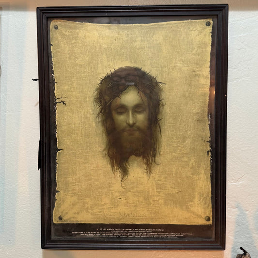 Antique Framed ST VERONICA'S HANDKERCHIEF Gabriel Max Jesus Optical Illusion Litho - Loved To Death
