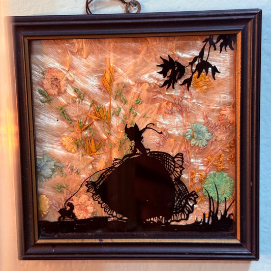 Antique Milkweed Black Framed Silhouette Woman & Dog - Loved To Death