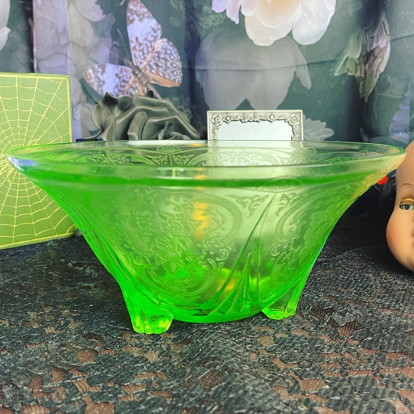 Antique Uranium Glass Large Footed Bowl - Loved To Death