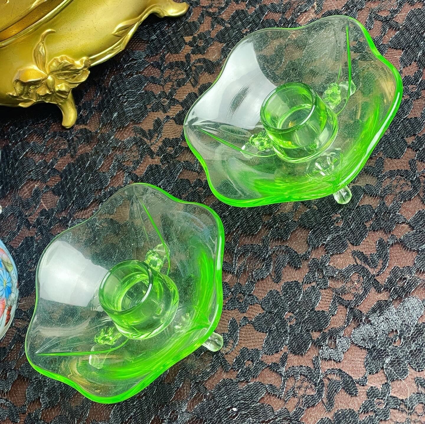 Antique Uranium Glass Lotus Flower Candle Holder - Loved To Death