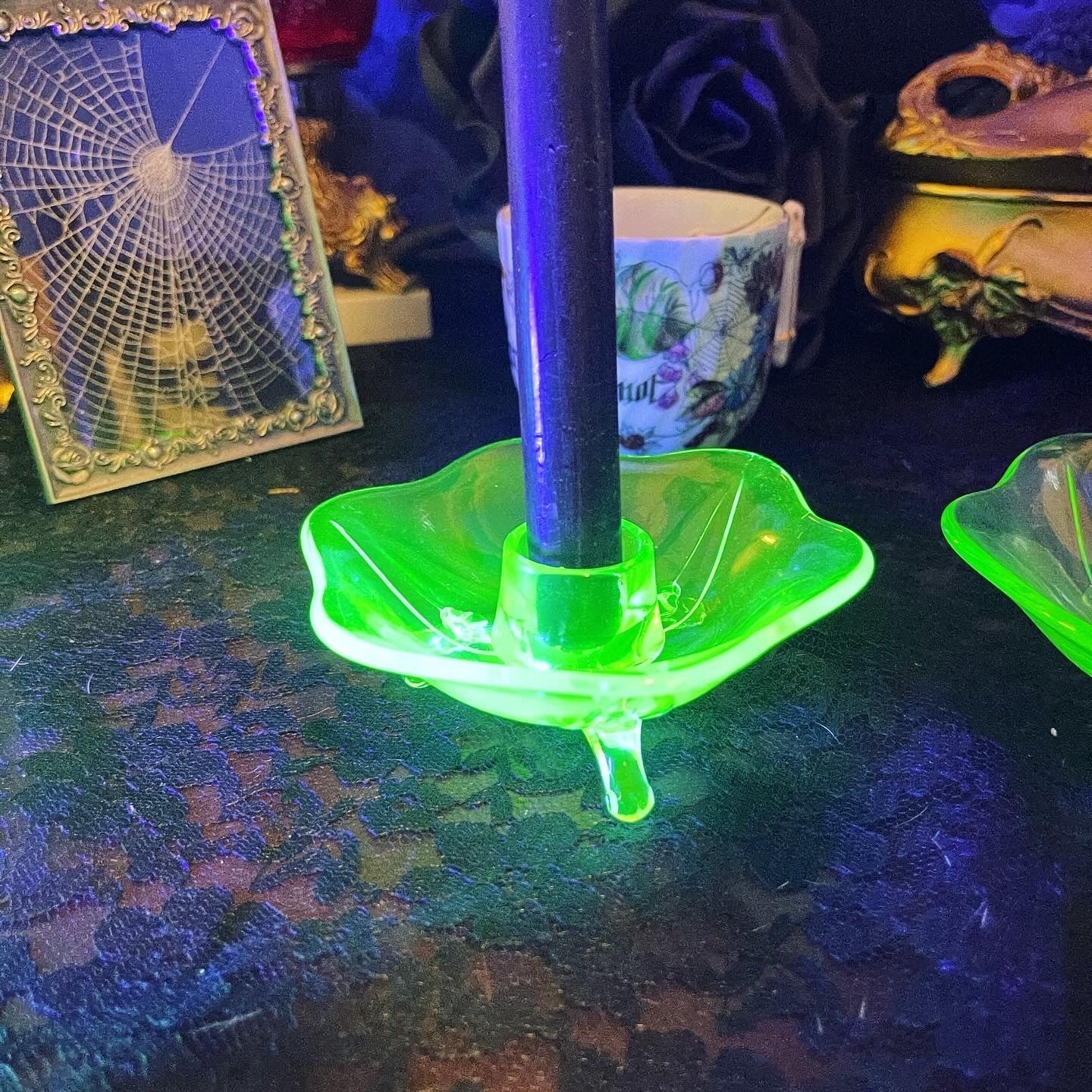 Antique Uranium Glass Lotus Flower Candle Holder - Loved To Death