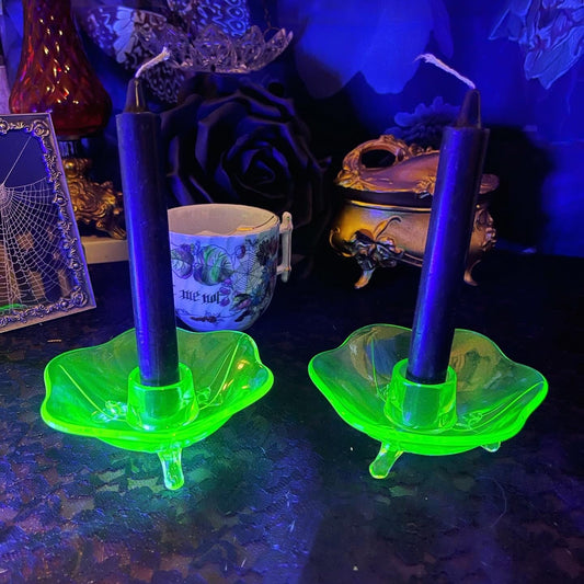 Antique Uranium Glass Lotus Flower Candle Holder - Loved To Death