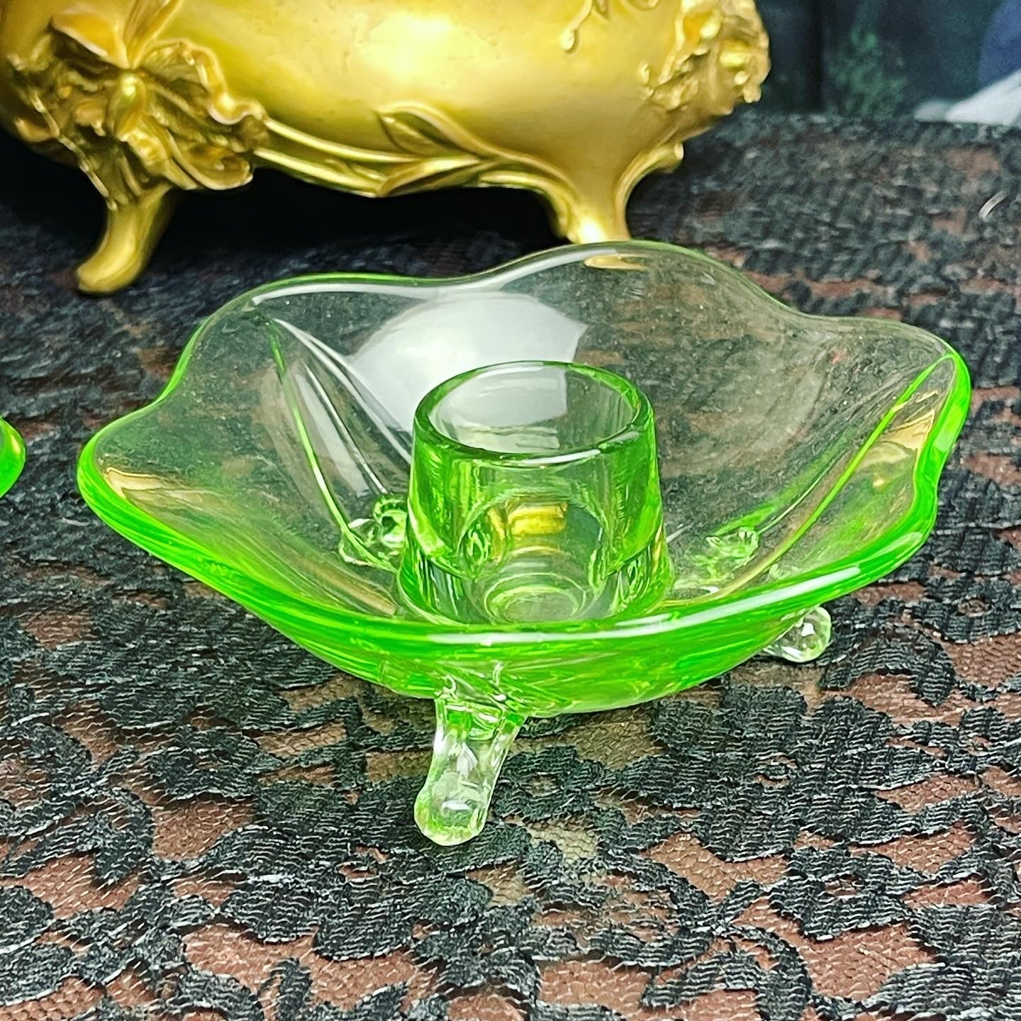 Antique Uranium Glass Lotus Flower Candle Holder - Loved To Death