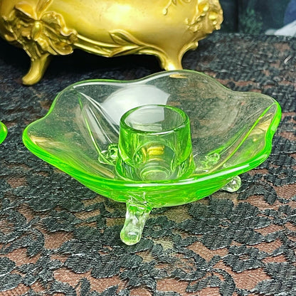 Antique Uranium Glass Lotus Flower Candle Holder - Loved To Death