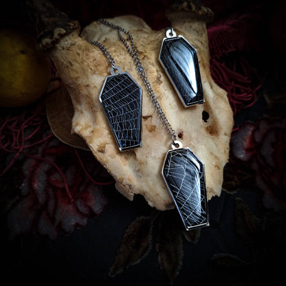 Real Spiderweb Coffin Silvertone Rhodium Necklace