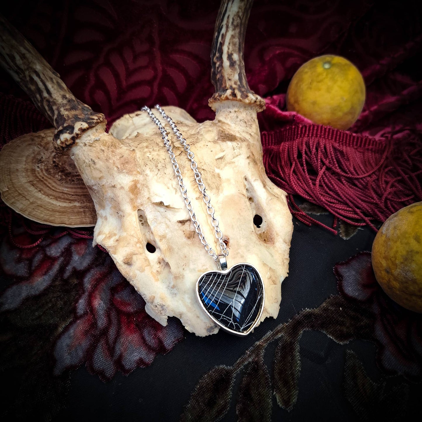 Spiderweb Heart Silvertone Necklace