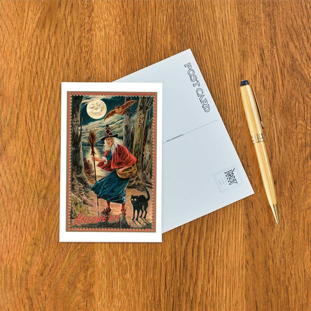 Postcard HW-177 Witch and Black Cat in Forest