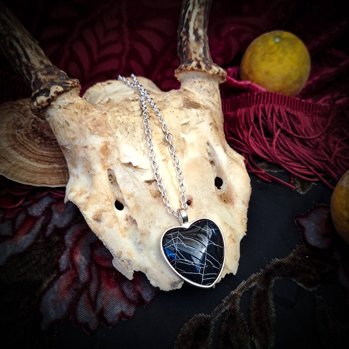 Spiderweb Heart Silvertone Necklace