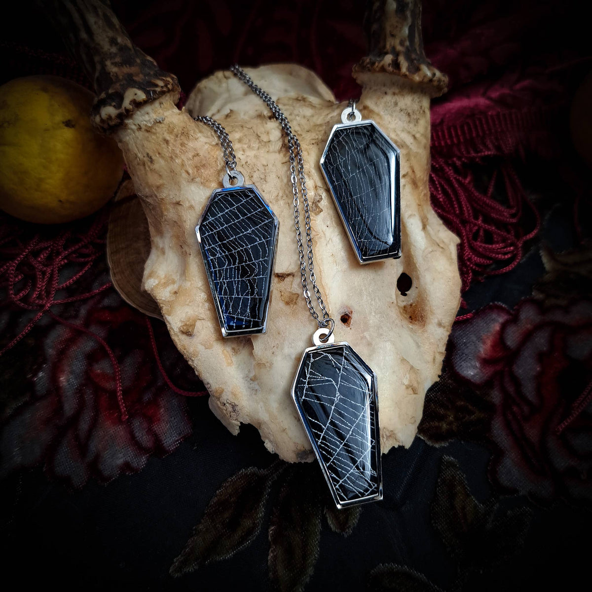 Real Spiderweb Coffin Silvertone Rhodium Necklace