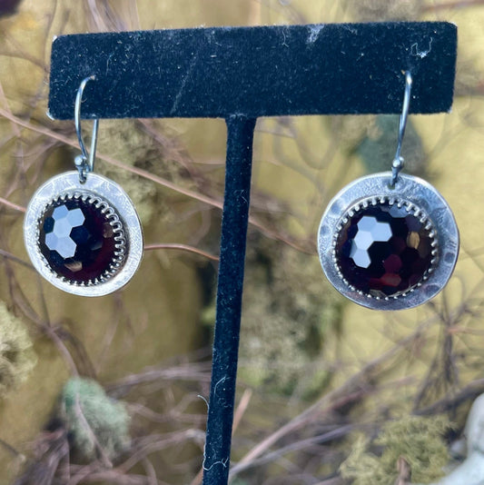 Garnet Honeycomb Faceted Full Moon Sterling Amulet Earrings - Loved To Death