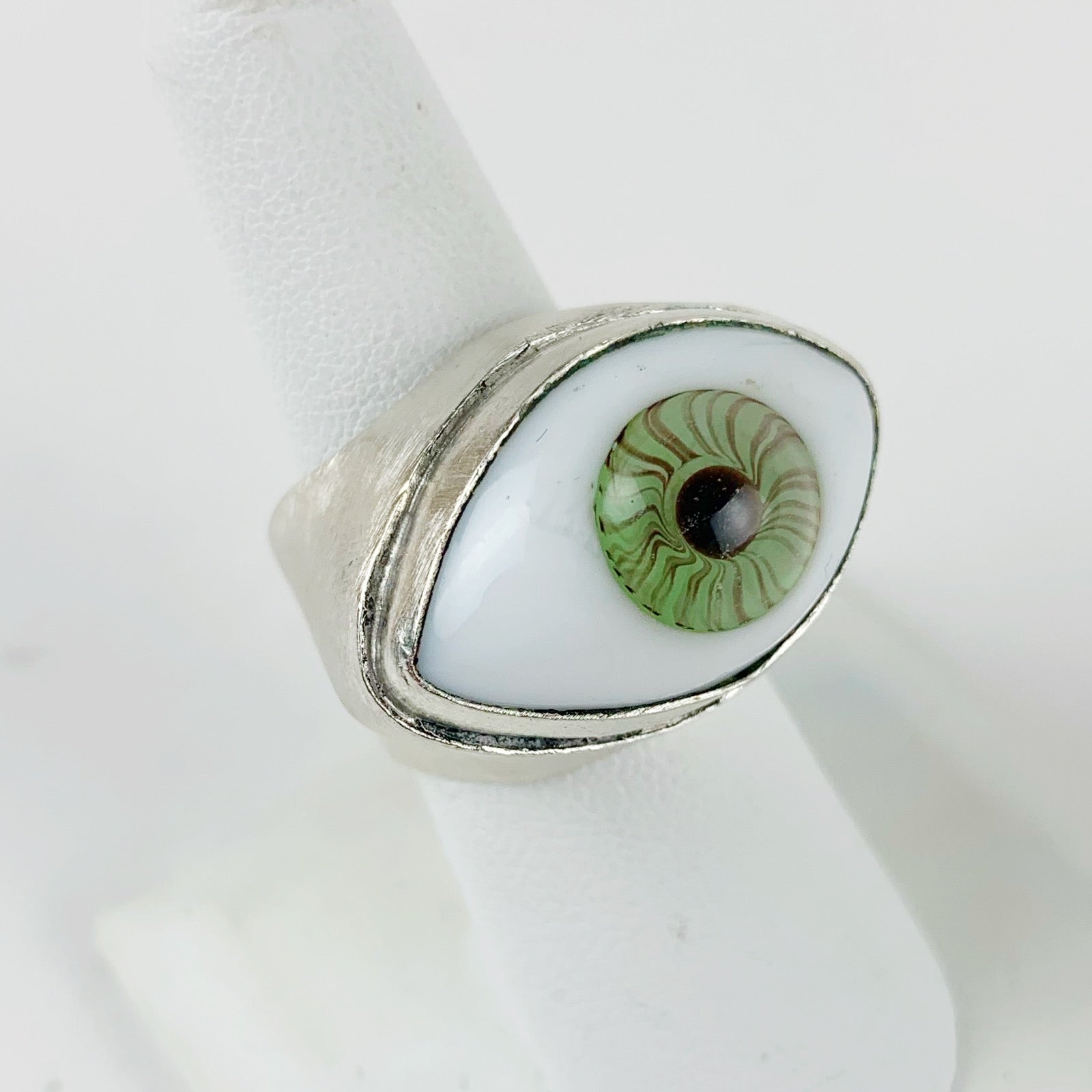 Glass Eye Ring Large Green Silver Plated - Loved To Death