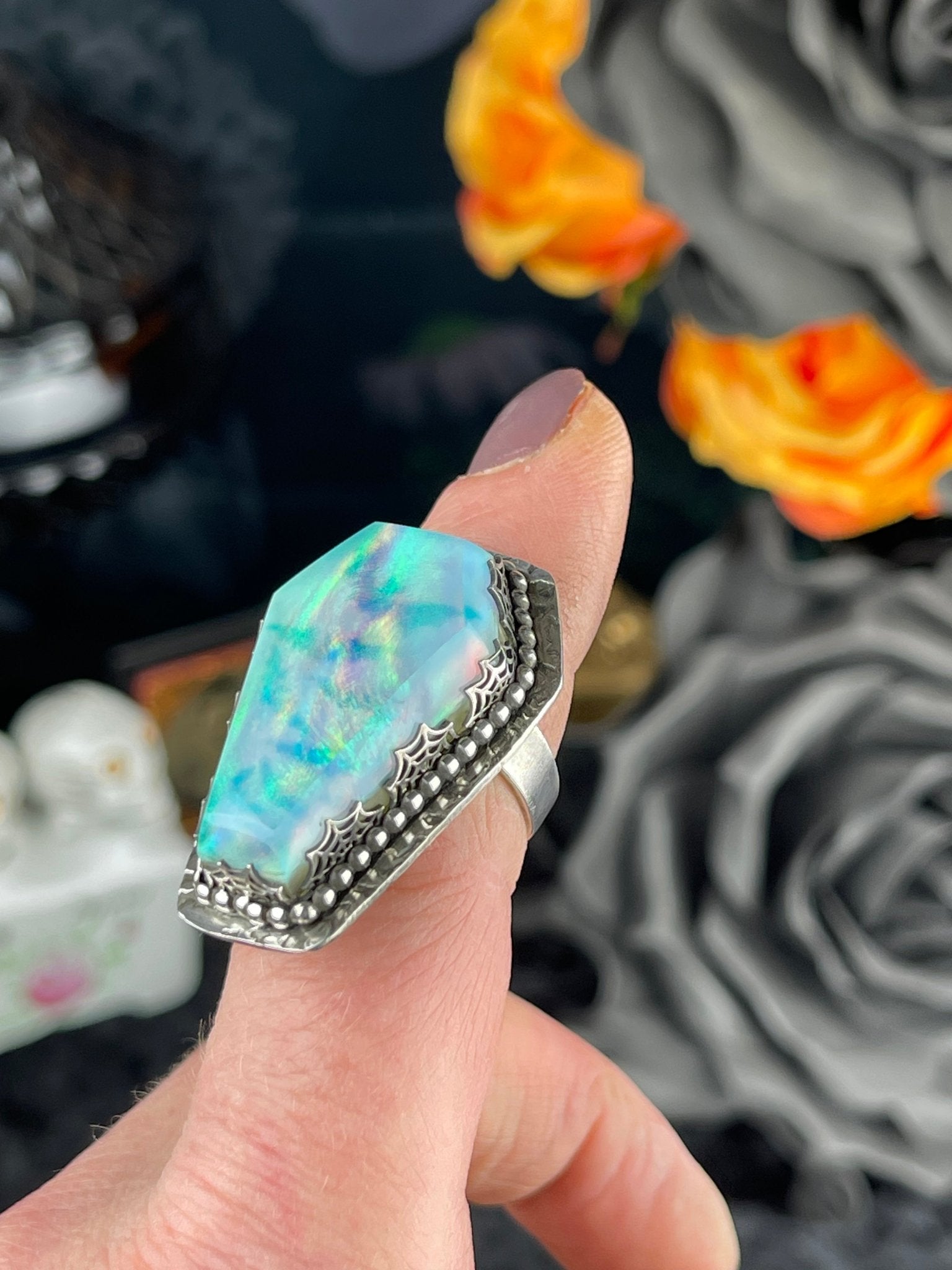 Gothic Victorian Aurora Opal Glow Coffin Flying Bats Ring - Loved To Death