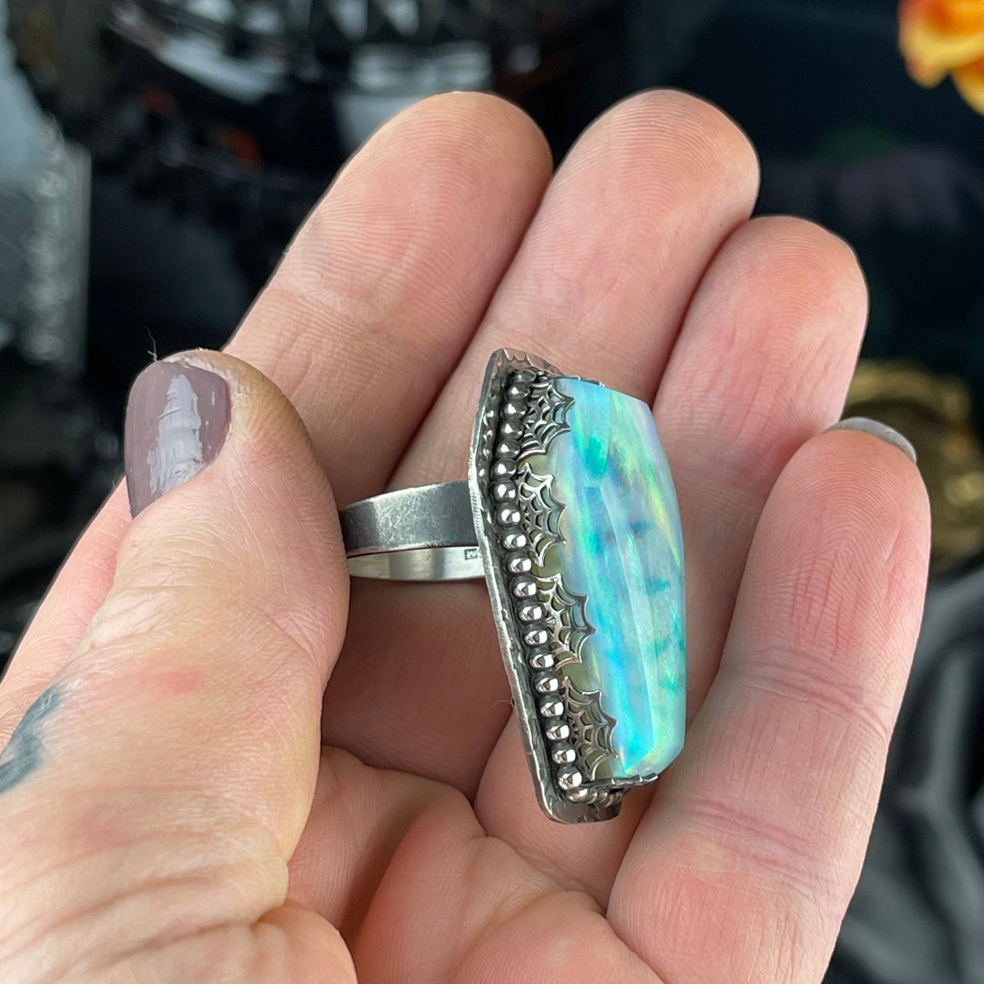 Gothic Victorian Aurora Opal Glow Coffin Flying Bats Ring - Loved To Death