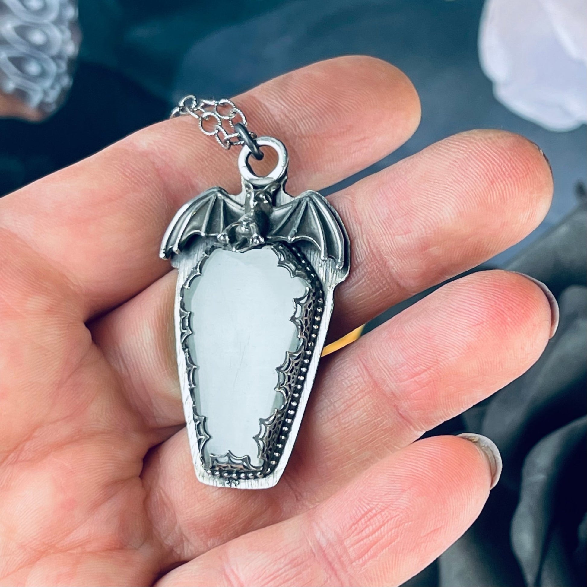 Gothic Victorian Bat Selenite Coffin Necklace - Loved To Death
