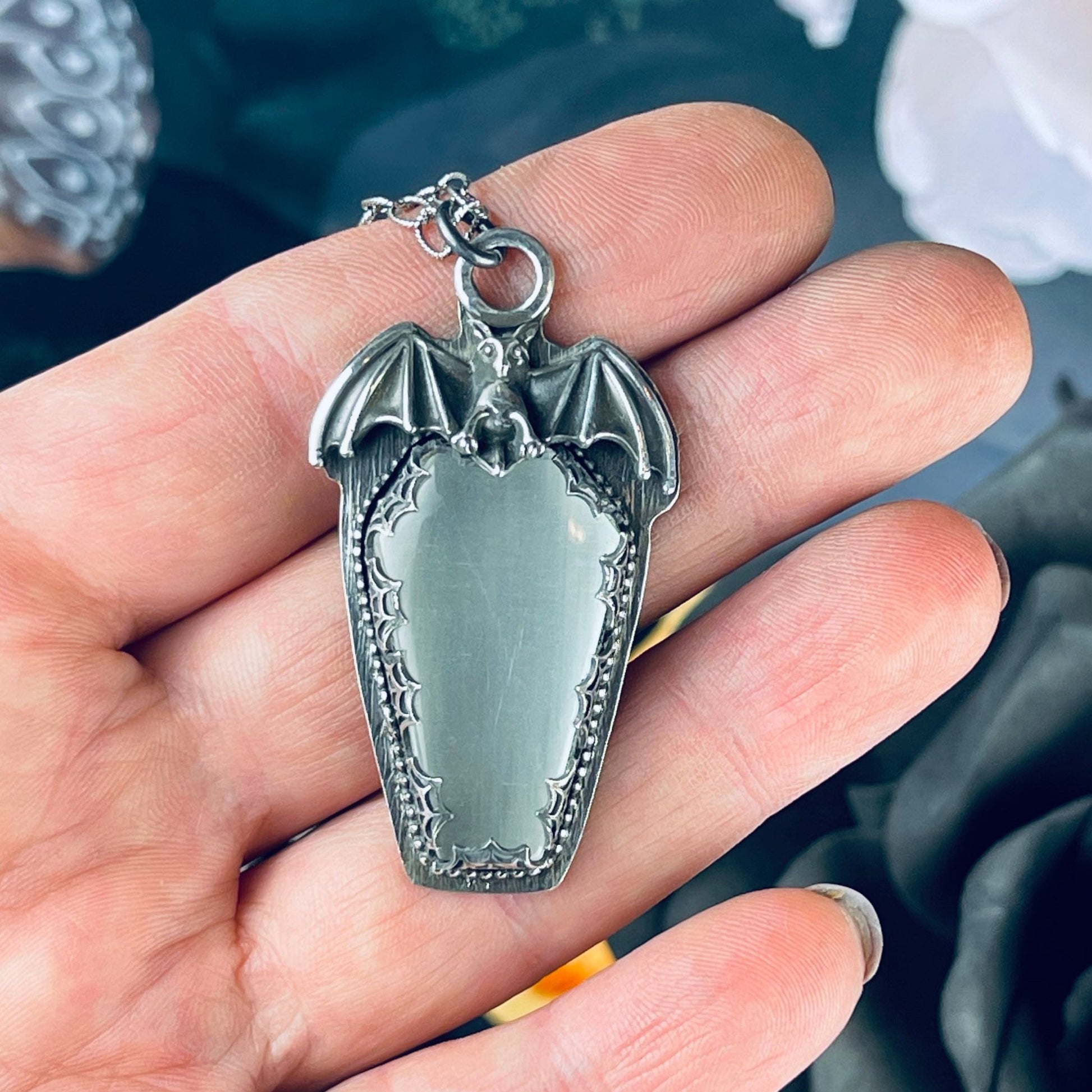 Gothic Victorian Bat Selenite Coffin Necklace - Loved To Death