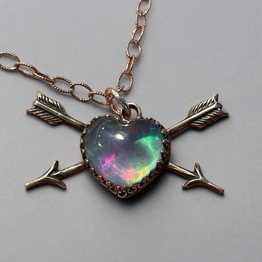 Gothic Victorian Handmade Crossed Arrow Aurora Opal Heart Sterling Necklace - Loved To Death