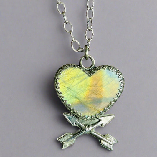 Gothic Victorian Handmade Crossed Arrow Labradorite Heart Sterling Necklace #2 - Loved To Death