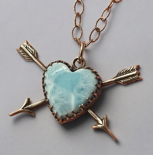 Gothic Victorian Handmade Crossed Arrow Larimar Heart Sterling Necklace - Loved To Death