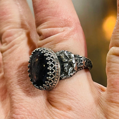 Gothic Victorian Handmade Double Lion Ring Sterling Black Sapphire - Loved To Death