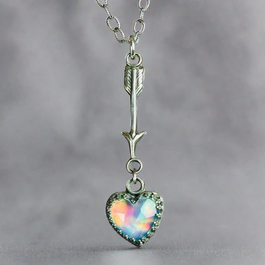 Gothic Victorian Handmade Mini Arrow Aurora Opal Heart Sterling Necklace - Loved To Death