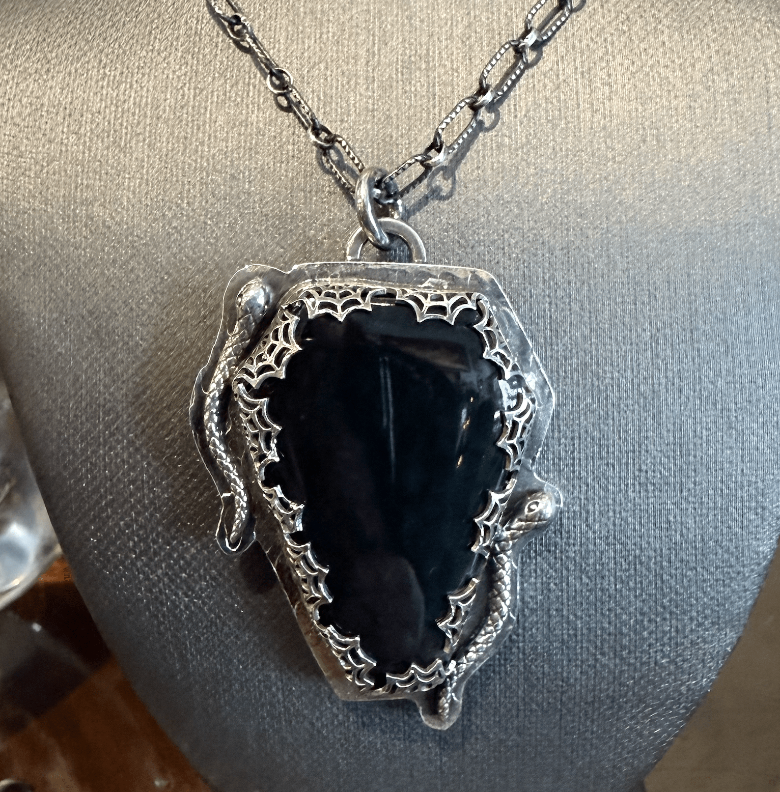 Gothic Victorian Handmade Obsidian Snakes Coffin Spiderweb Necklace - Loved To Death