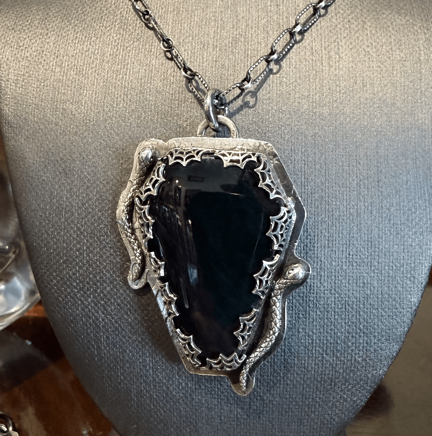 Gothic Victorian Handmade Obsidian Snakes Coffin Spiderweb Necklace - Loved To Death